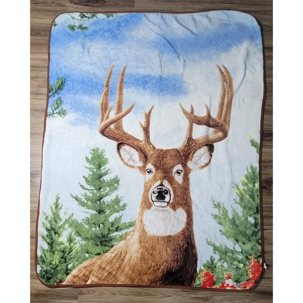 Vtg Buck Deer Fleece Throw Blanket